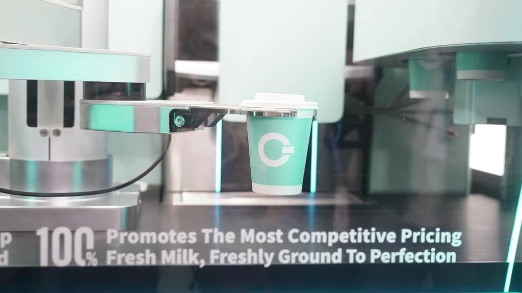 robot coffee kiosk drink delivery with robotic arm