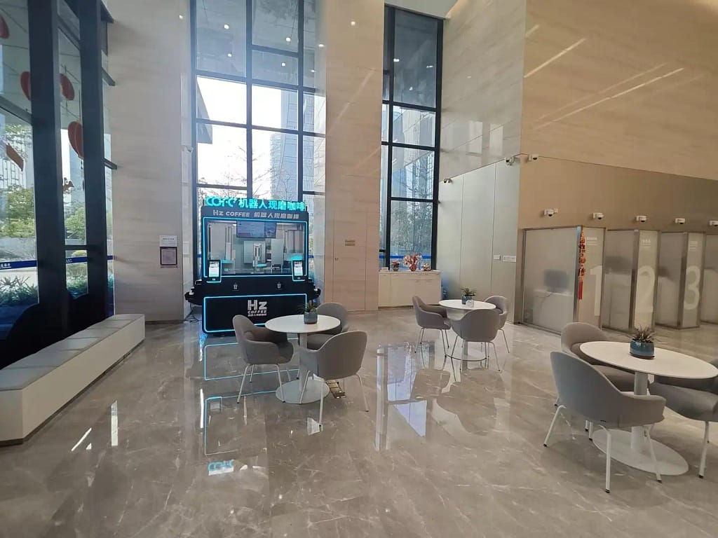 COFEPLUS robot coffee kiosk indoor version serving 24H at high-end office building